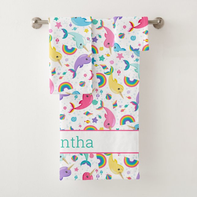 Rainbow Narwhal Under The Sea Girls Personalized Bath Towel Set (Insitu)