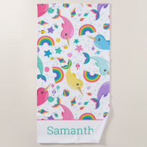 Rainbow Narwhal Under The Sea Girls Personalized Beach Towel