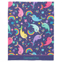 Rainbow Narwhal Under The Sea Girls Personalized Fleece Blanket