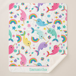 Rainbow Narwhal Under The Sea Girls Personalized Sherpa Blanket