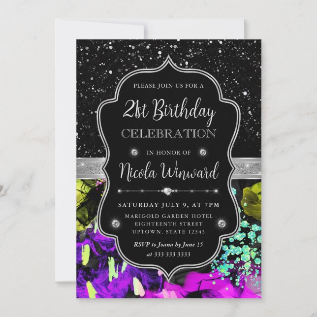 Rainbow Neon Abstract Glitter 21st Birthday Invitation (Front)