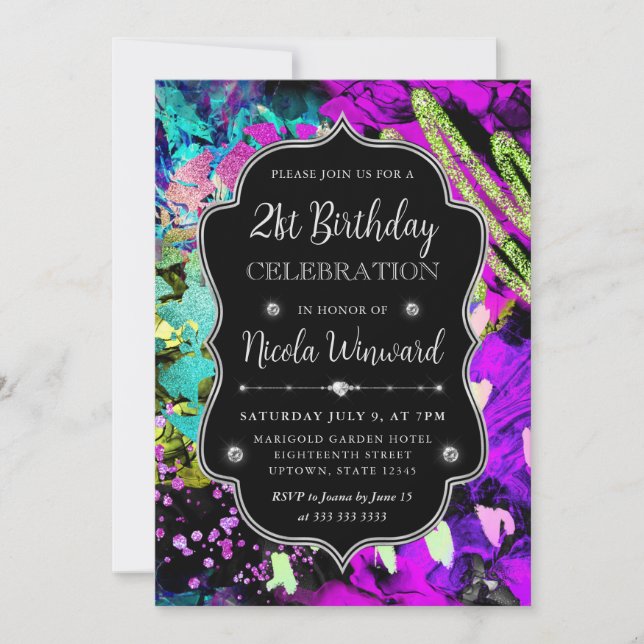 Rainbow Neon Abstract Glitter 21st Birthday Invitation (Front)