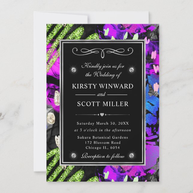 Rainbow Neon Abstract Glitter Frame Wedding Invitation (Front)