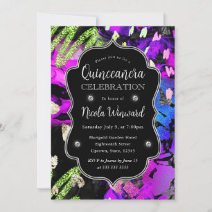 Rainbow Neon Abstract Glitter Quinceanera Invitation