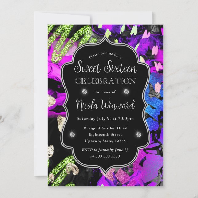 Rainbow Neon Abstract Glitter Sweet 16 Invitation (Front)