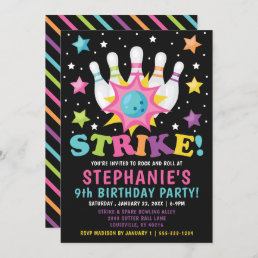 Rainbow Neon Bowling Birthday Party Invitation
