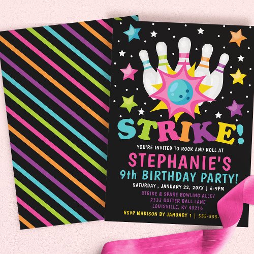 Rainbow Neon Bowling Birthday Party Invitation