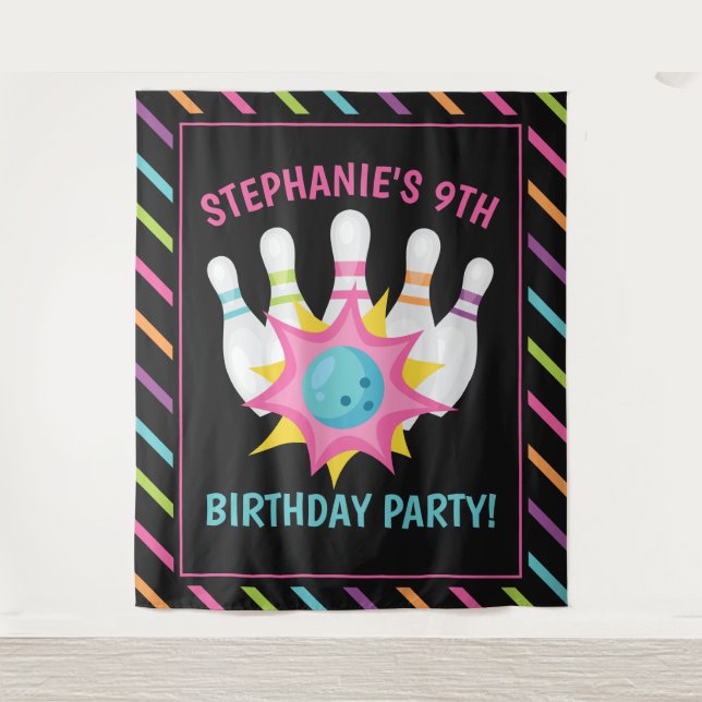 Rainbow Neon Bowling Birthday Party Photo Backdrop (Front)