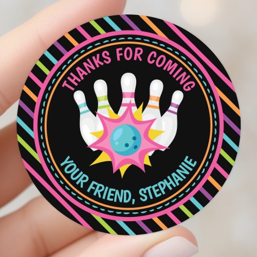 Rainbow Neon Bowling Birthday Party Thank You Classic Round Sticker