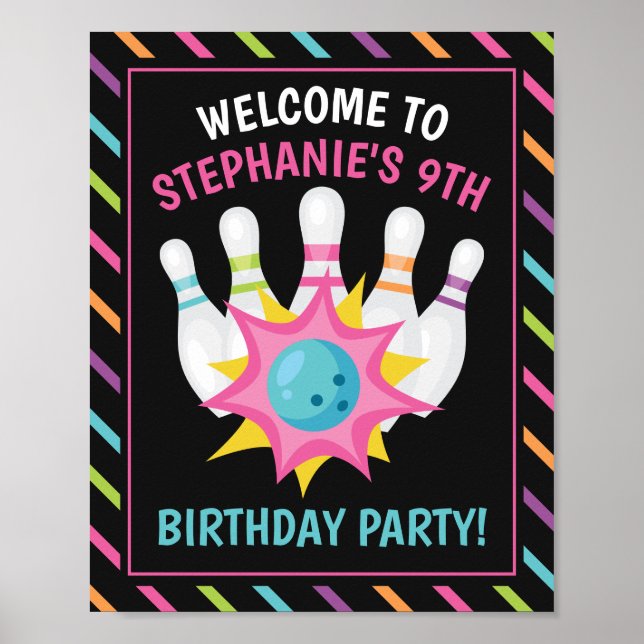 Rainbow Neon Bowling Birthday Party Welcome Sign (Front)
