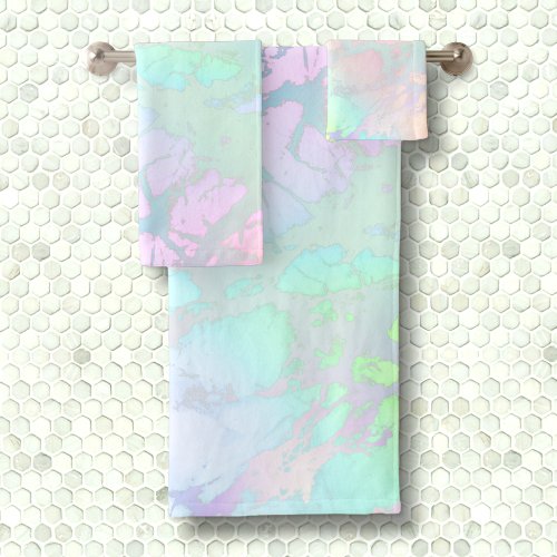 Rainbow Neon Iridescent Metallic Glitter Marble Bath Towel Set