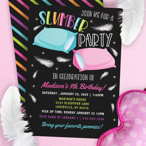 Rainbow Neon Slumber Party Sleepover Birthday Invitation