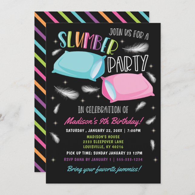 Rainbow Neon Slumber Party Sleepover Birthday Invitation (Front/Back)