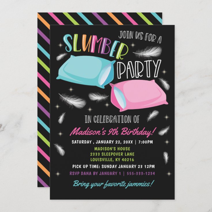 Rainbow Neon Slumber Party Sleepover Birthday Invitation | Zazzle