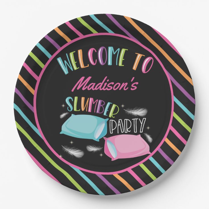Rainbow Neon Slumber Party Sleepover Personalized Paper Plates | Zazzle