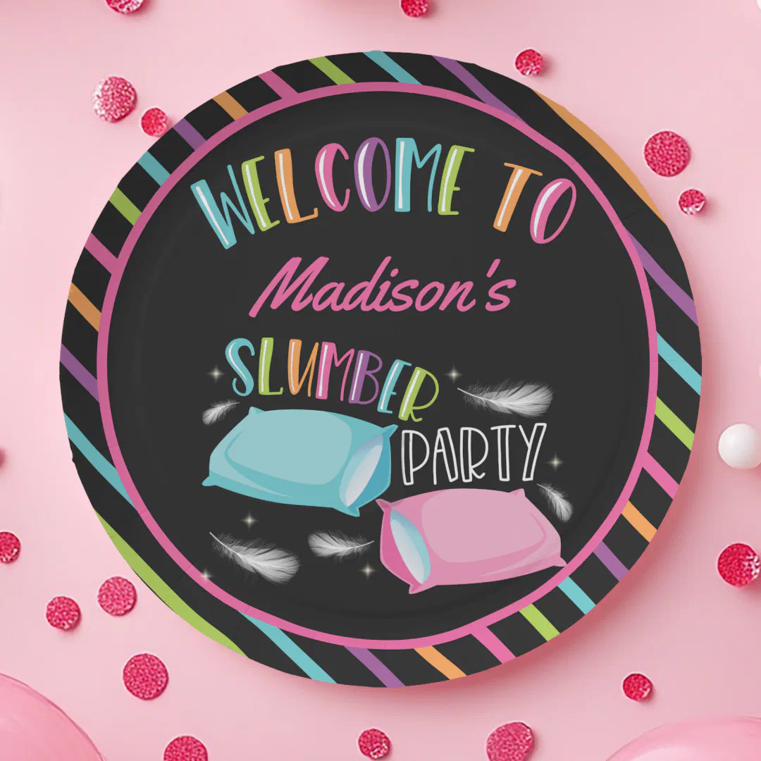 Rainbow Neon Slumber Party Sleepover Personalized Paper Plates