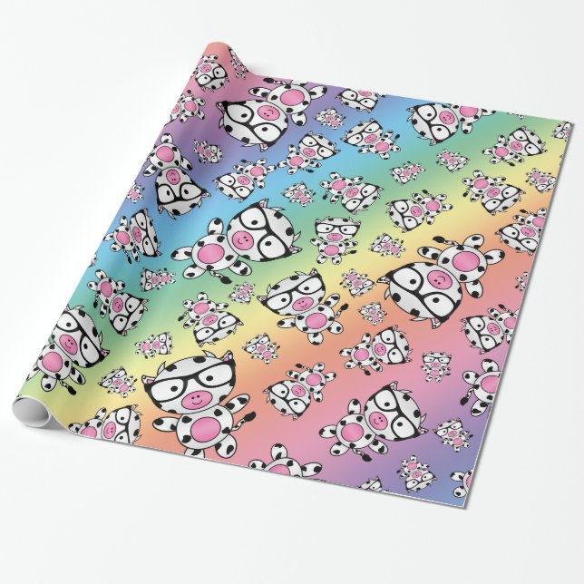 Rainbow nerd cow pattern wrapping paper (Unrolled)