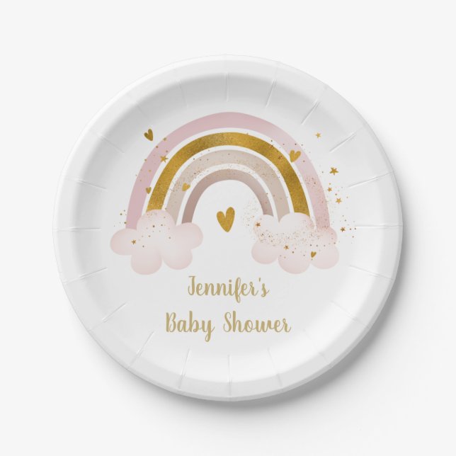 Rainbow Neutral Gold Pastel Baby Shower Paper Plates (Front)