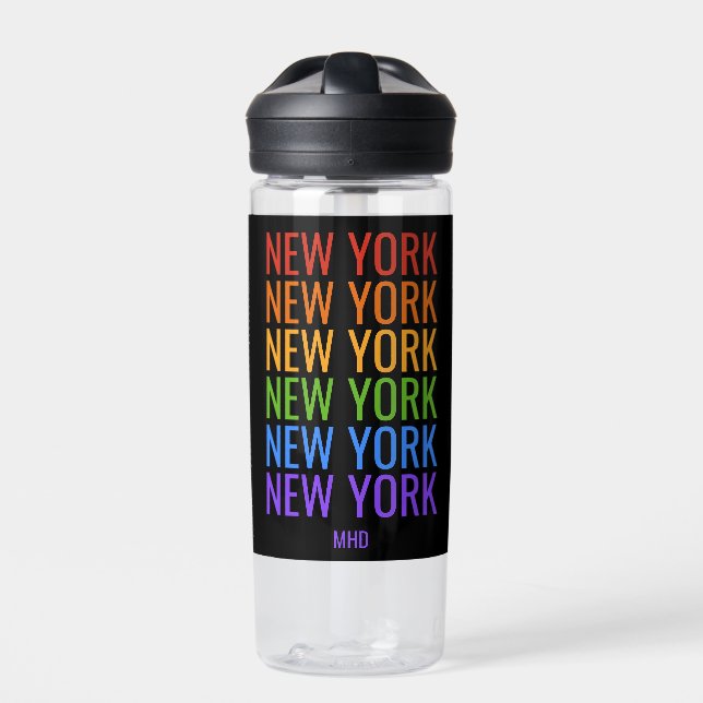 Rainbow NEW YORK custom monogram Water Bottle (Front)