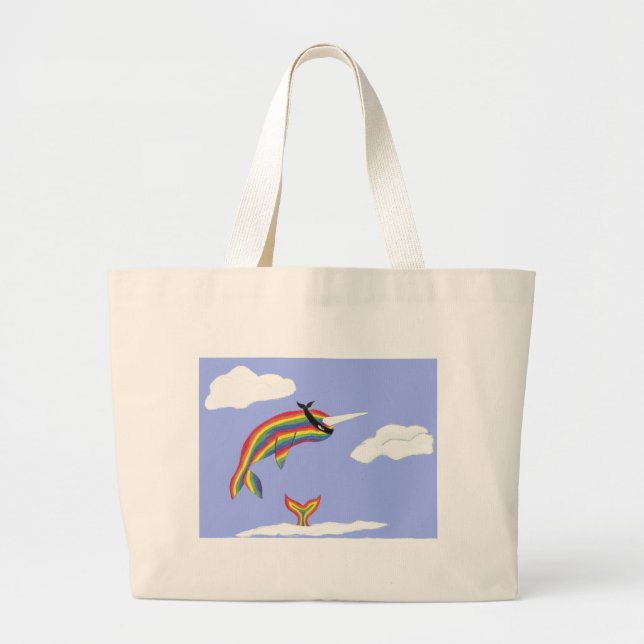 Rainbow Ninja Narwhal That Flies Large Tote Bag (Front)