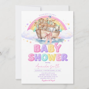 Rainbow Noah’s Ark Baby Shower Glitter Invitation