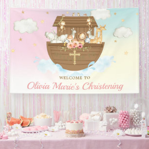 Rainbow Noah's Ark Christening Baptism Backdrop Banner
