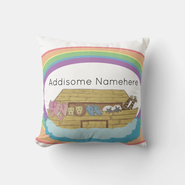 Rainbow Noah's Ark on White custom Name Throw Pillow (Front)