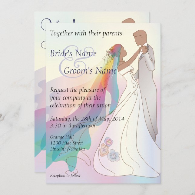 Rainbow Non-White Bride & Groom Wedding Invite 1B (Front/Back)