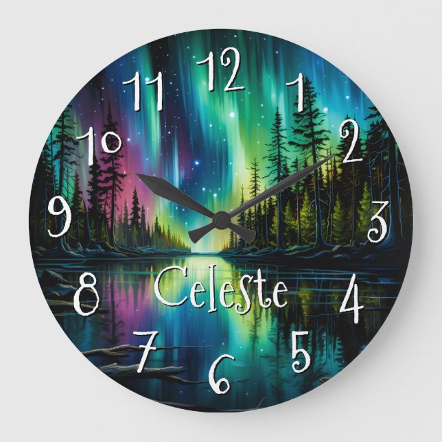 Rainbow Northern Lights Reflection on Water Large Clock (Front)