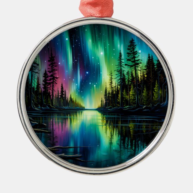 Rainbow Northern Lights Reflection on Water Metal Ornament (Front)