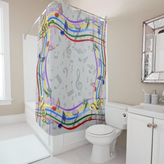 Rainbow notes on gray music notes pattern shower curtain