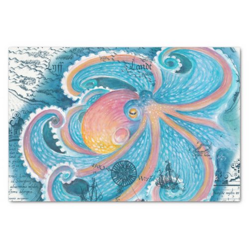 Rainbow Octopus Blue Vintage Map Nautical Marine  Tissue Paper