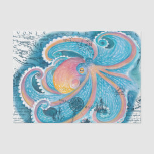 Rainbow Octopus Blue Vintage Map Nautical Marine Tissue Paper