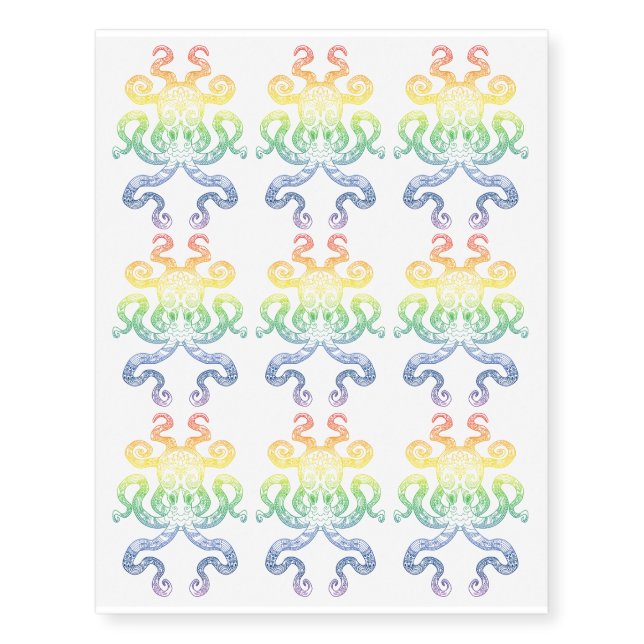 Rainbow Octopus Nautical Zen Doodle Illustration Temporary Tattoos (Front)