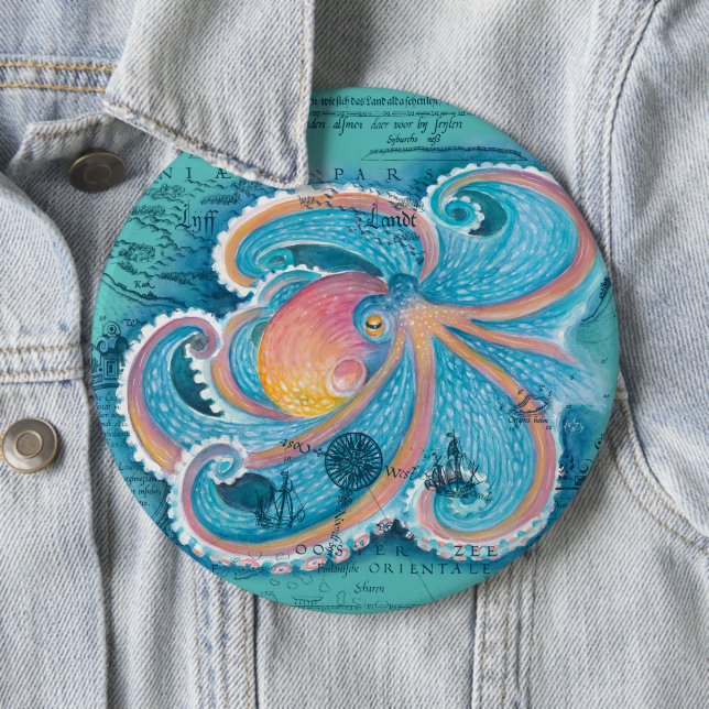 Rainbow Octopus Teal Vintage Map Button (In Situ)