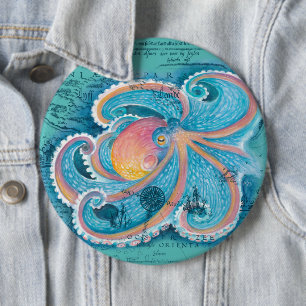 Rainbow Octopus Teal Vintage Map Button