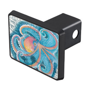 Rainbow Octopus Vintage Map White Watercolor Hitch Cover