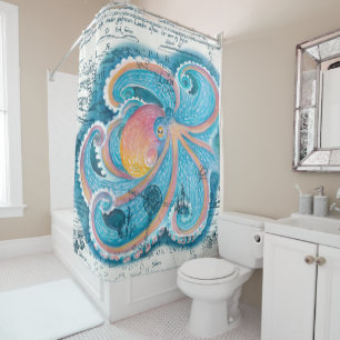 Rainbow Octopus Vintage Map White Watercolor Shower Curtain