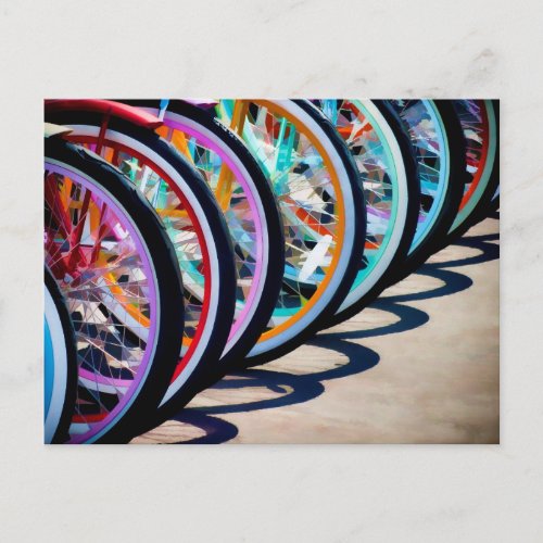 Rainbow of bicycles postcard