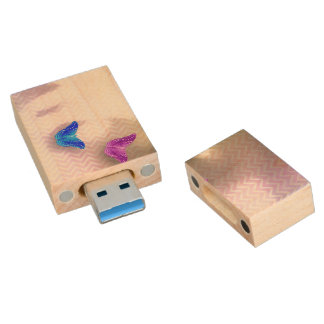 Rainbow of butterflies on textured chevron pattern wood flash drive