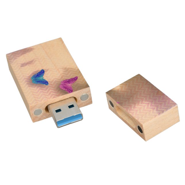 Rainbow of butterflies on textured chevron pattern wood flash drive (Angled)