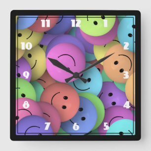 Rainbow of Colorful Happy Faces Square Wall Clock