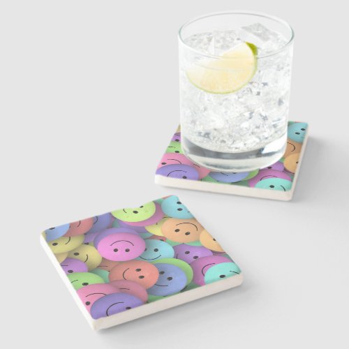 Rainbow of Colorful Happy Faces Stone Coaster