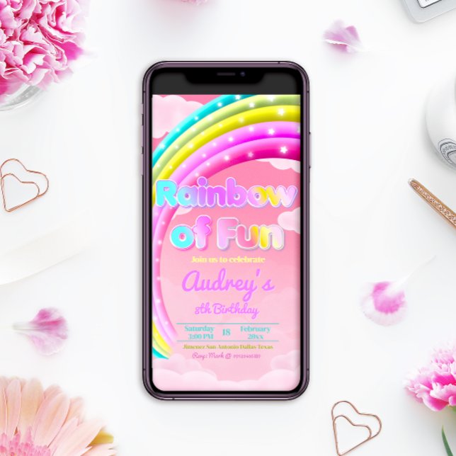 Rainbow of Fun Cellphone Invite (Rainbow Birthday Mobile Phone Invitation)