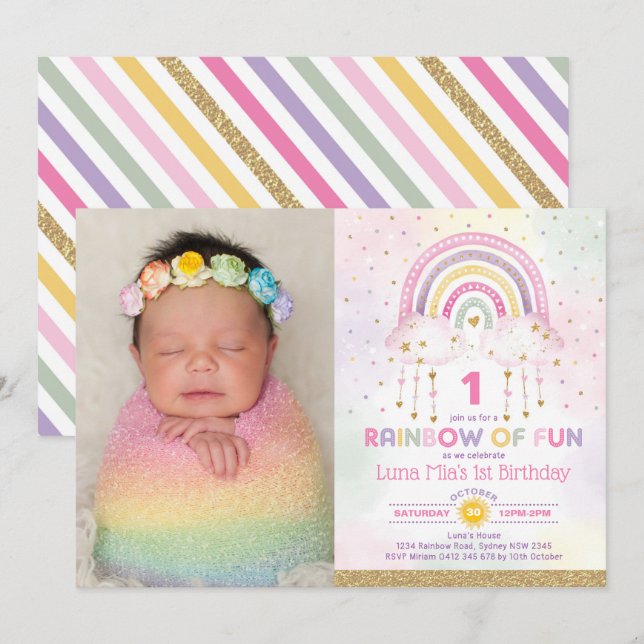 Rainbow of Fun Clouds Stars Girls Birthday Party Invitation (Front/Back)