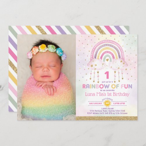 Rainbow of Fun Clouds Stars Girls Birthday Party Invitation