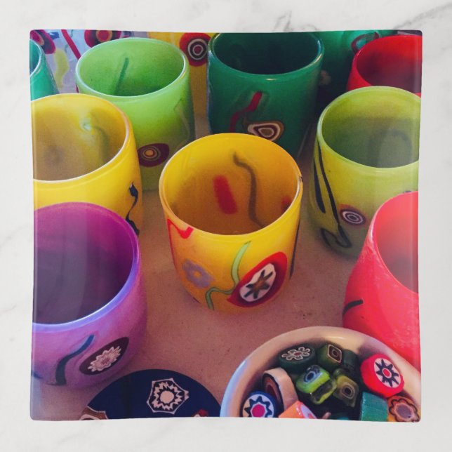 RAINBOW of SMALL LagunaB MURANO GLASSES, ON GLASS Trinket Tray (Front)