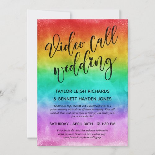 Rainbow Ombre Brush Script Gay Video Call Wedding Invitation