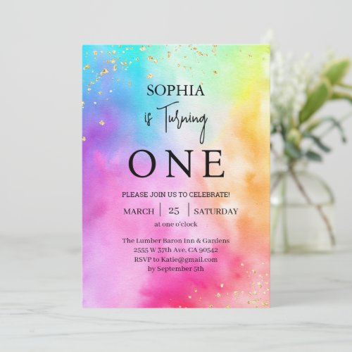 Rainbow Ombre Colorful Glitter 1st Birthday Party  Invitation