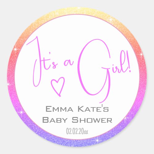 Rainbow Ombre Cute Glitter Stars Frame Baby Shower Classic Round Sticker